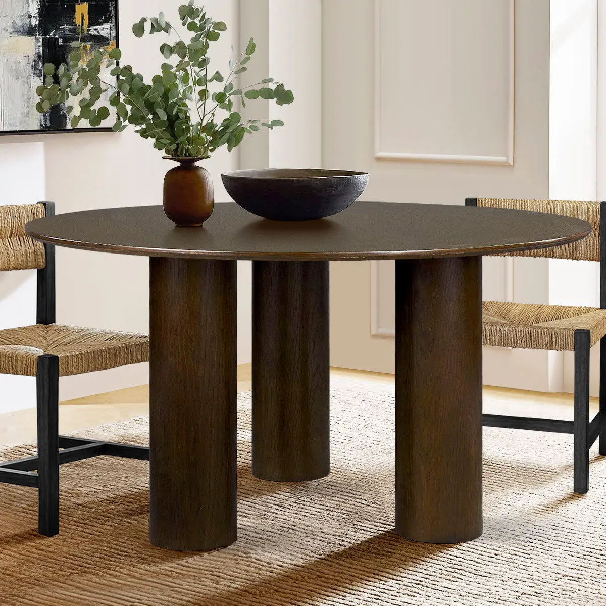 Baguette 3-Leg Oak Wood Dining Table with woven chairs, neutral walls, and textured rug in dining room.