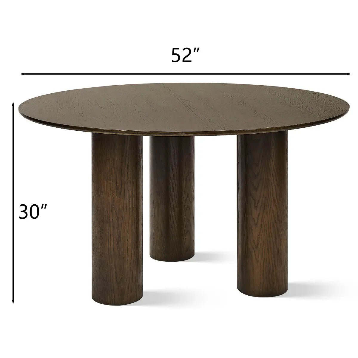 Baguette Modern Oak Round Dining Table, dimensions: 52"x30", solid wood, elegant design, three-leg style.