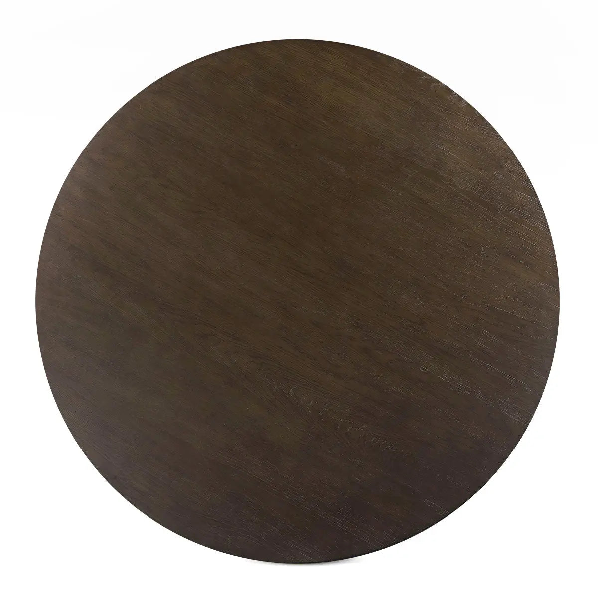 Top view of Baguette Modern Oak Wood Round Dining Table with dark oak finish, no other elements.