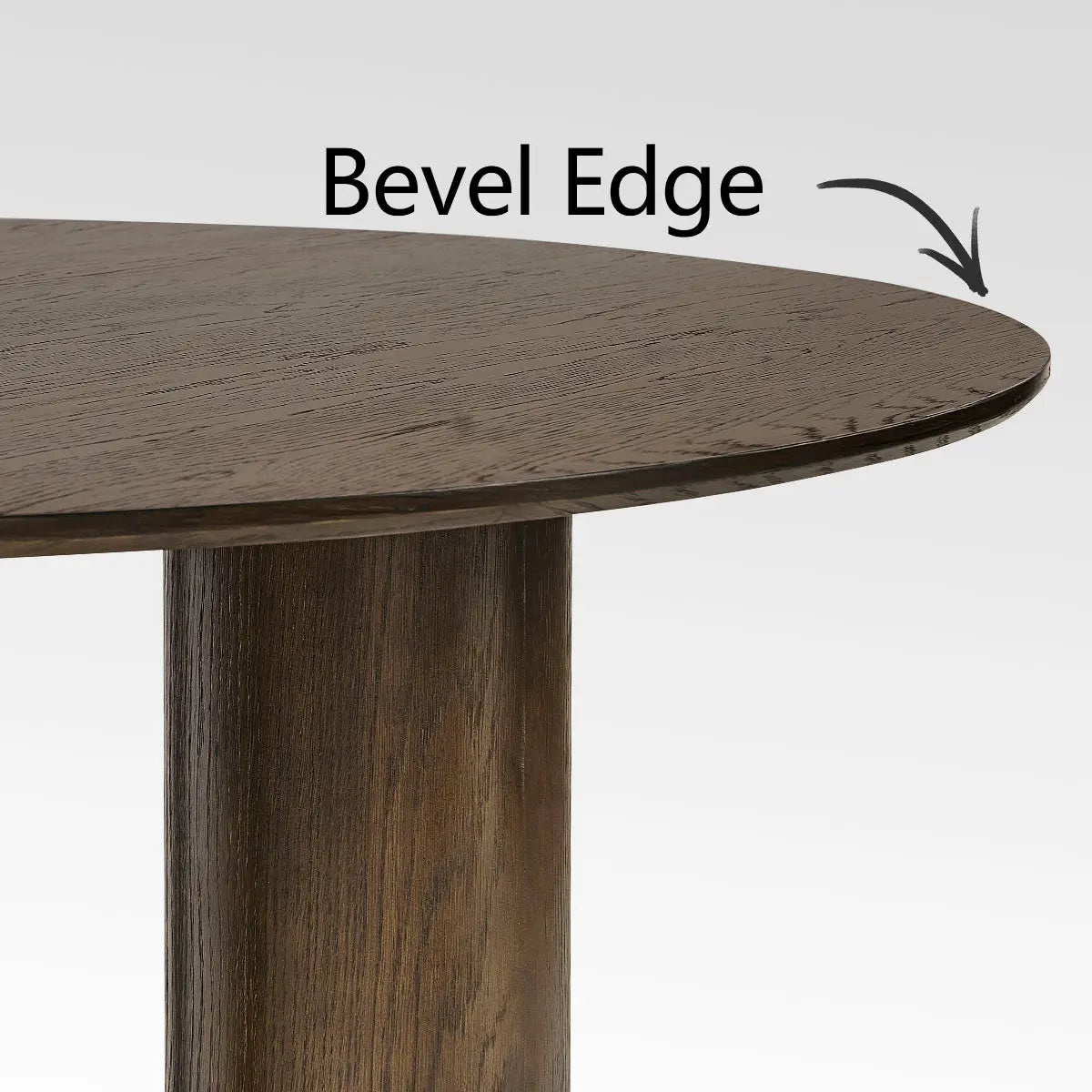 Bevel edge detail of Baguette Modern Oak Wood 3-Leg Round Dining Table, sophisticated design highlight.