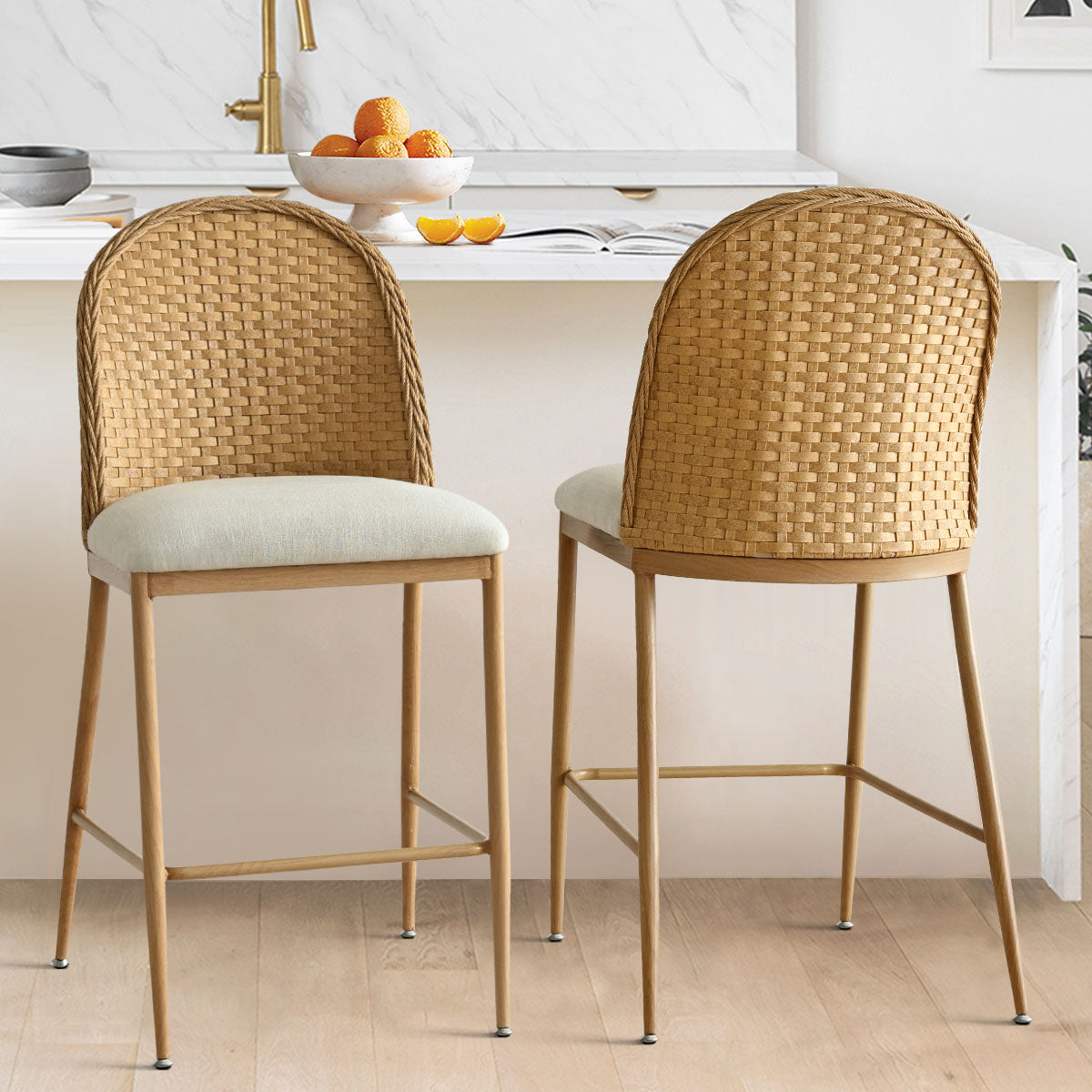 Barcelona 25.5" Beige Rattan Upholstered Counter Stool (Set of 2)