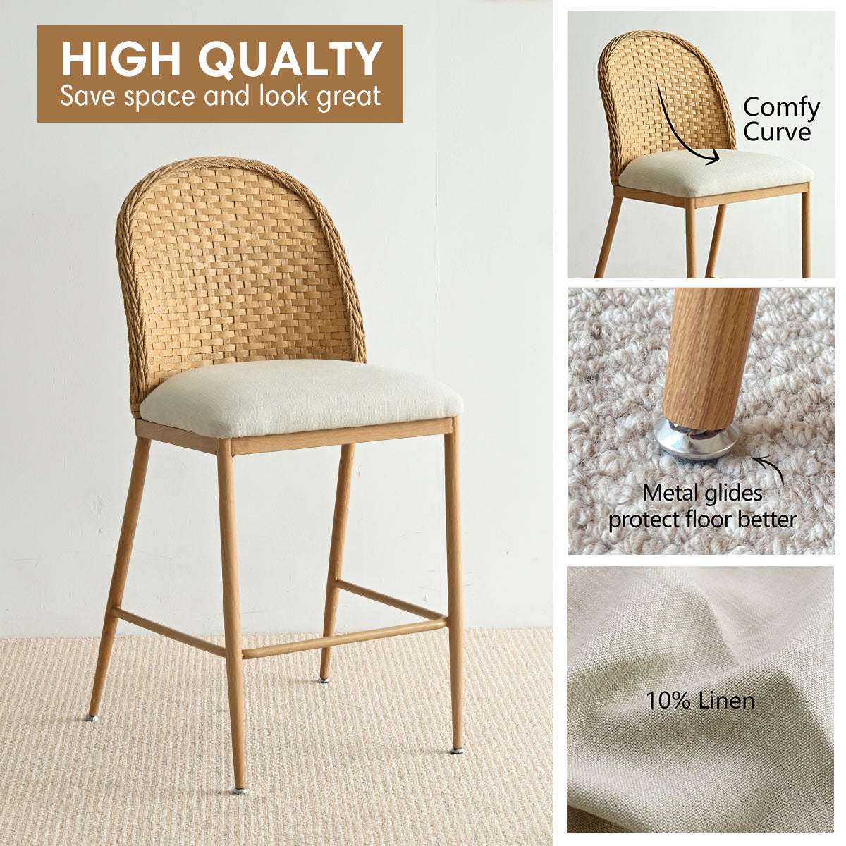 Barcelona 25.5" Beige Rattan Upholstered Counter Stool (Set of 3)