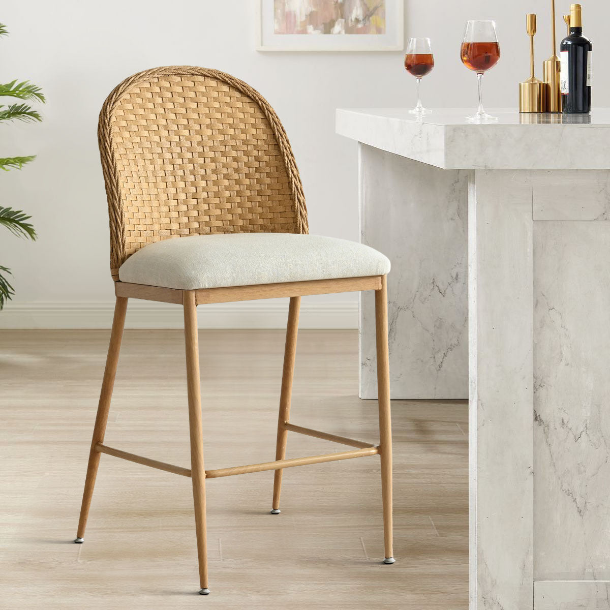 Barcelona 25.5" Beige Rattan Upholstered Counter Stool (Set of 2)