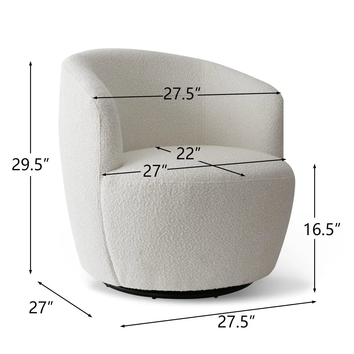 Bella Modern White Boucle Swivel Barrel Chair dimensions, featuring cozy boucle upholstery.