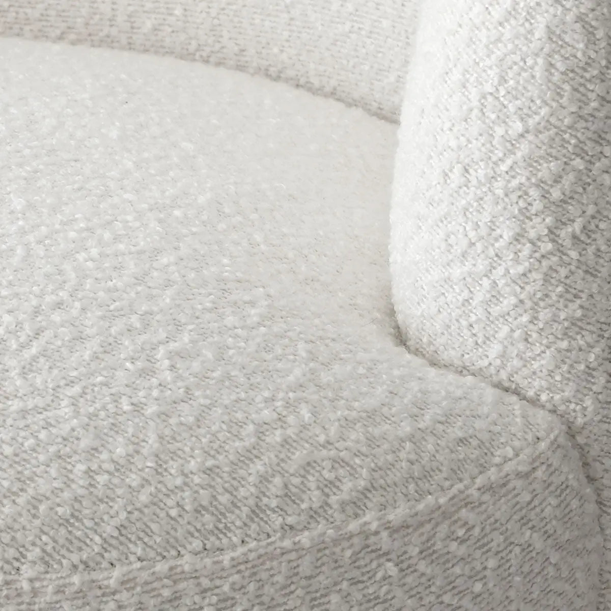 Close-up of Bella Modern White Boucle Swivel Barrel Chair fabric texture, showcasing intricate design details.