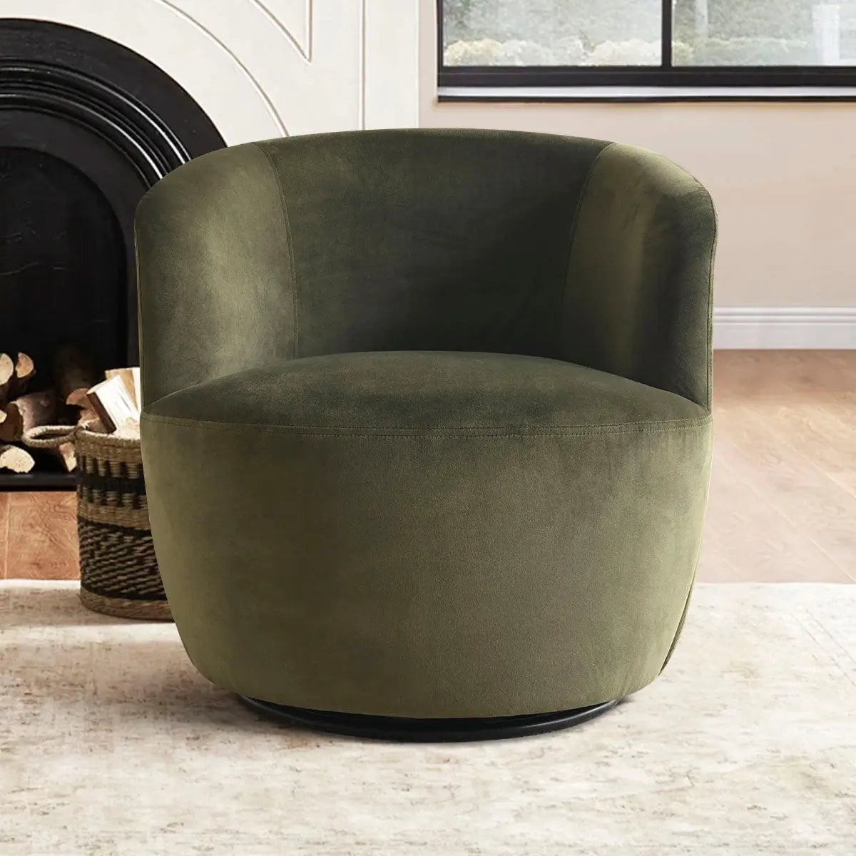 Bella Modern Olive Green Velvet Swivel Barrel Chair in living room, near fireplace, wood flooring.