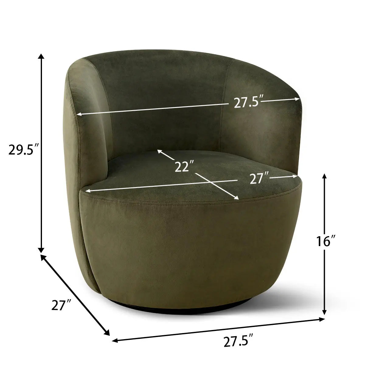 Bella Modern Olive Green Velvet Swivel Barrel Chair with dimensions, highlighting stylish design and versatility.