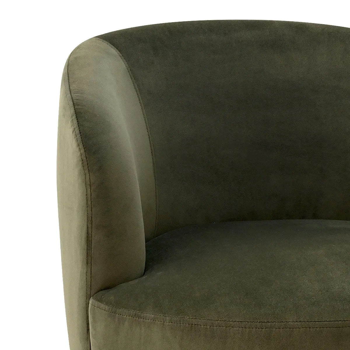 Bella Modern Olive Green Velvet Swivel Barrel Chair close-up, showcasing luxury velvet fabric texture.