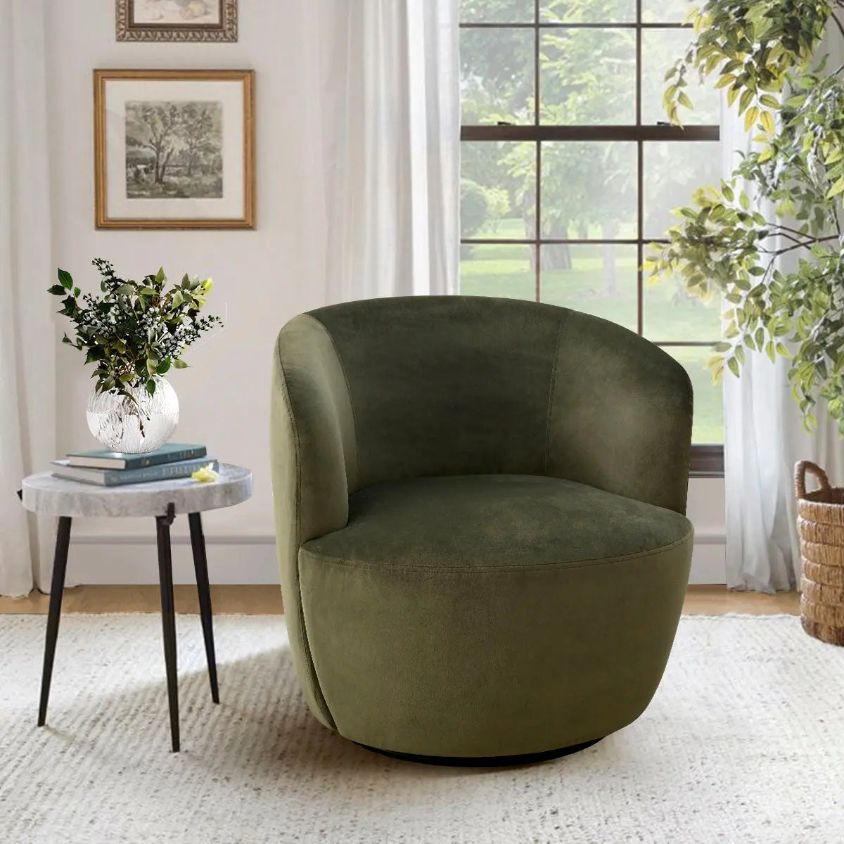 Bella Modern olive green velvet swivel barrel chair in cozy living room with light walls and carpet.