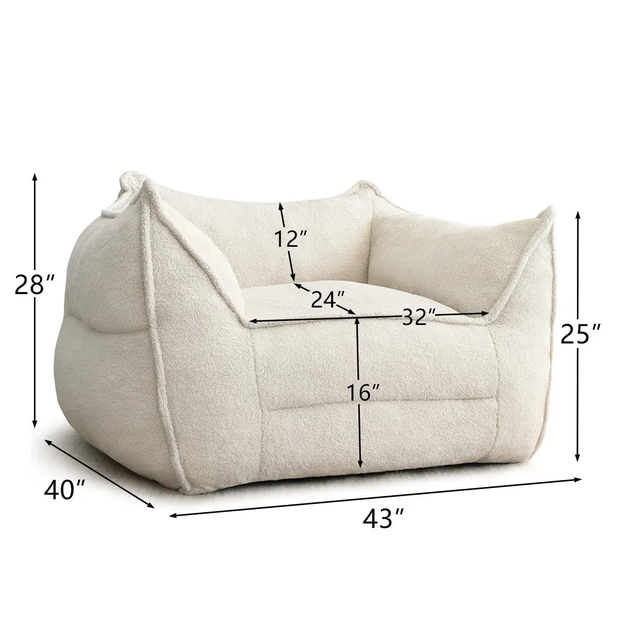 Boring Upholstered Teddy Fabric Bean Bag Chair with dimensions, plush white texture, cozy seating.