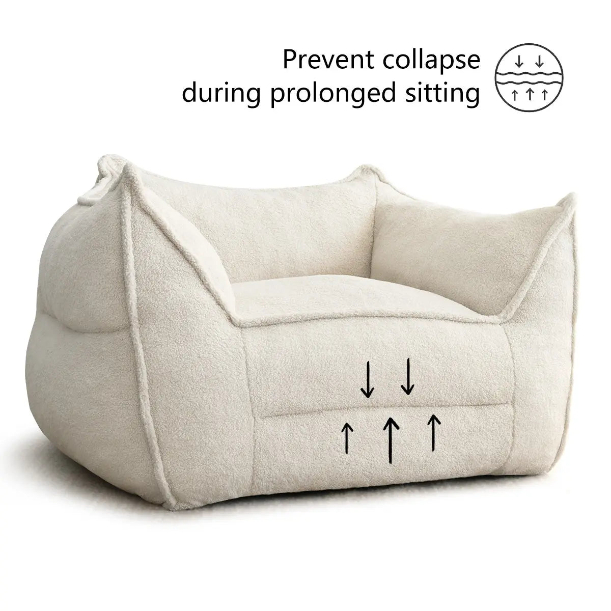 Boring Upholstered Teddy Fabric Bean Bag Chair preventing collapse, cozy design, no room details visible.