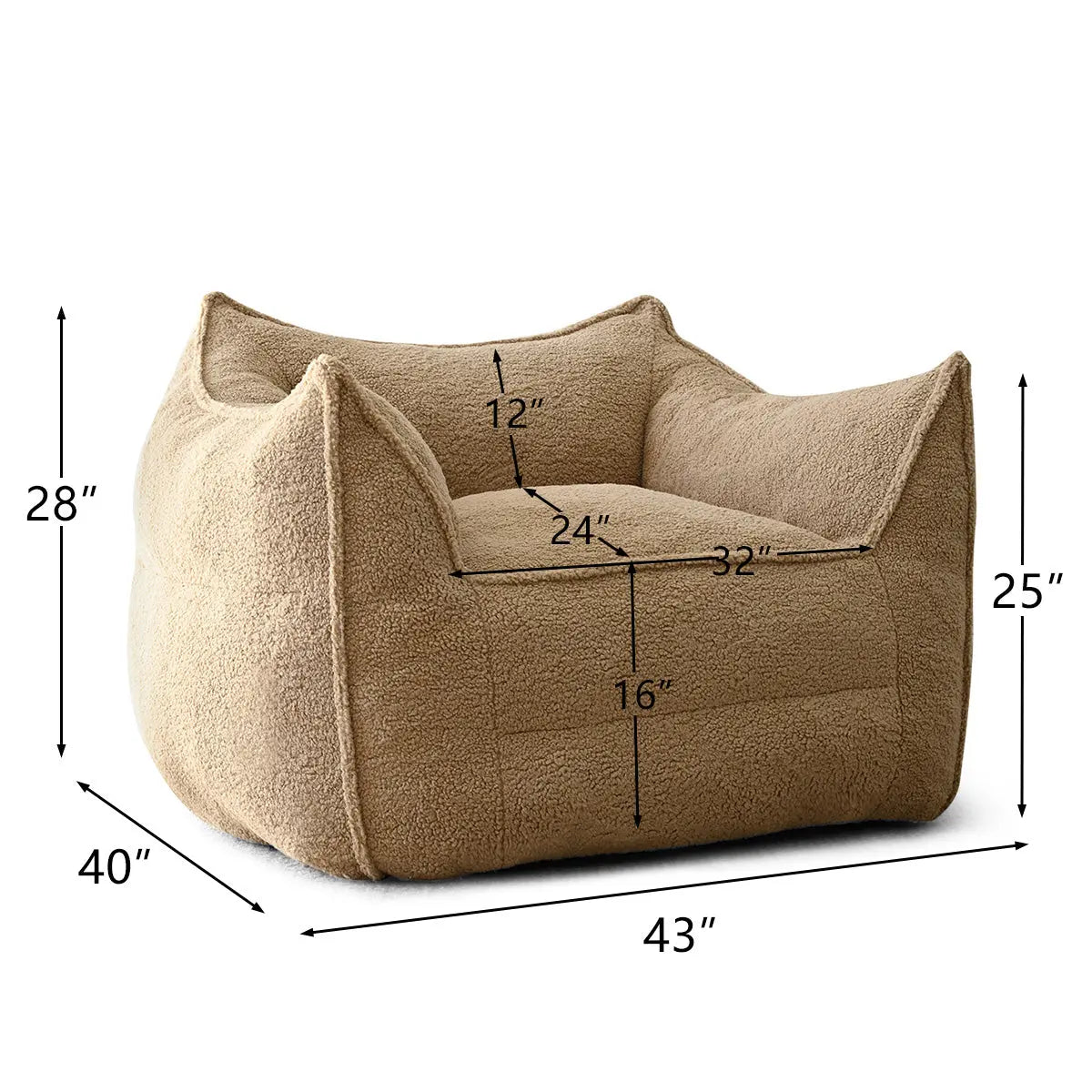 Boring Upholstered Teddy Fabric Bean Bag Chair with dimensions; cozy seating in neutral decor.