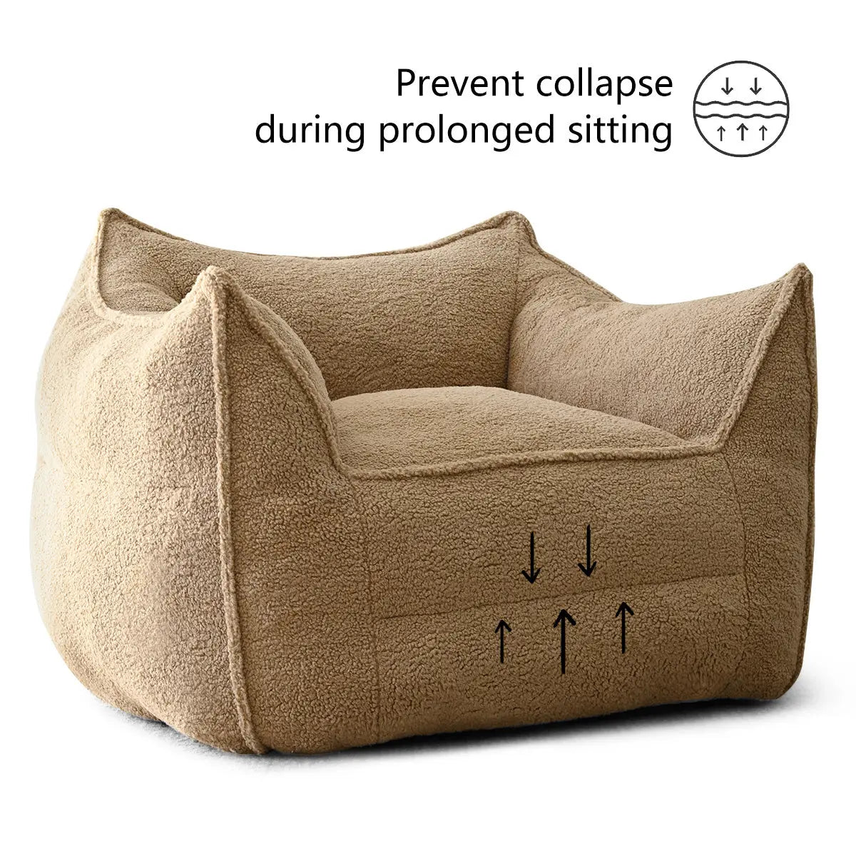 Boring Upholstered Teddy Fabric Bean Bag Chair with anti-collapse design, beige color, living room furniture.