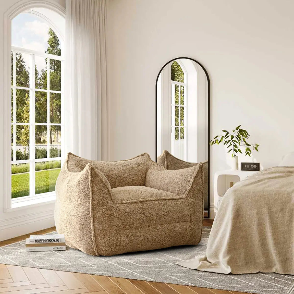 Boring Upholstered Teddy Fabric Bean Bag Chair in cozy bedroom with beige walls and wood flooring.