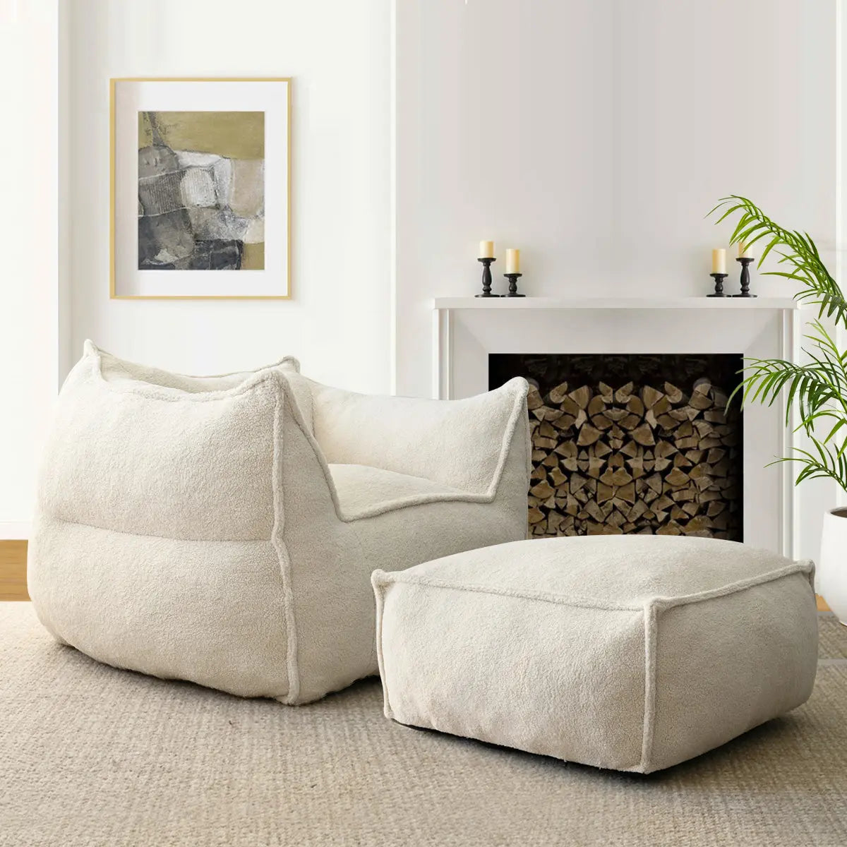 Boring Teddy Bean Bag Chair & Ottoman Set in living room with fireplace and abstract art.