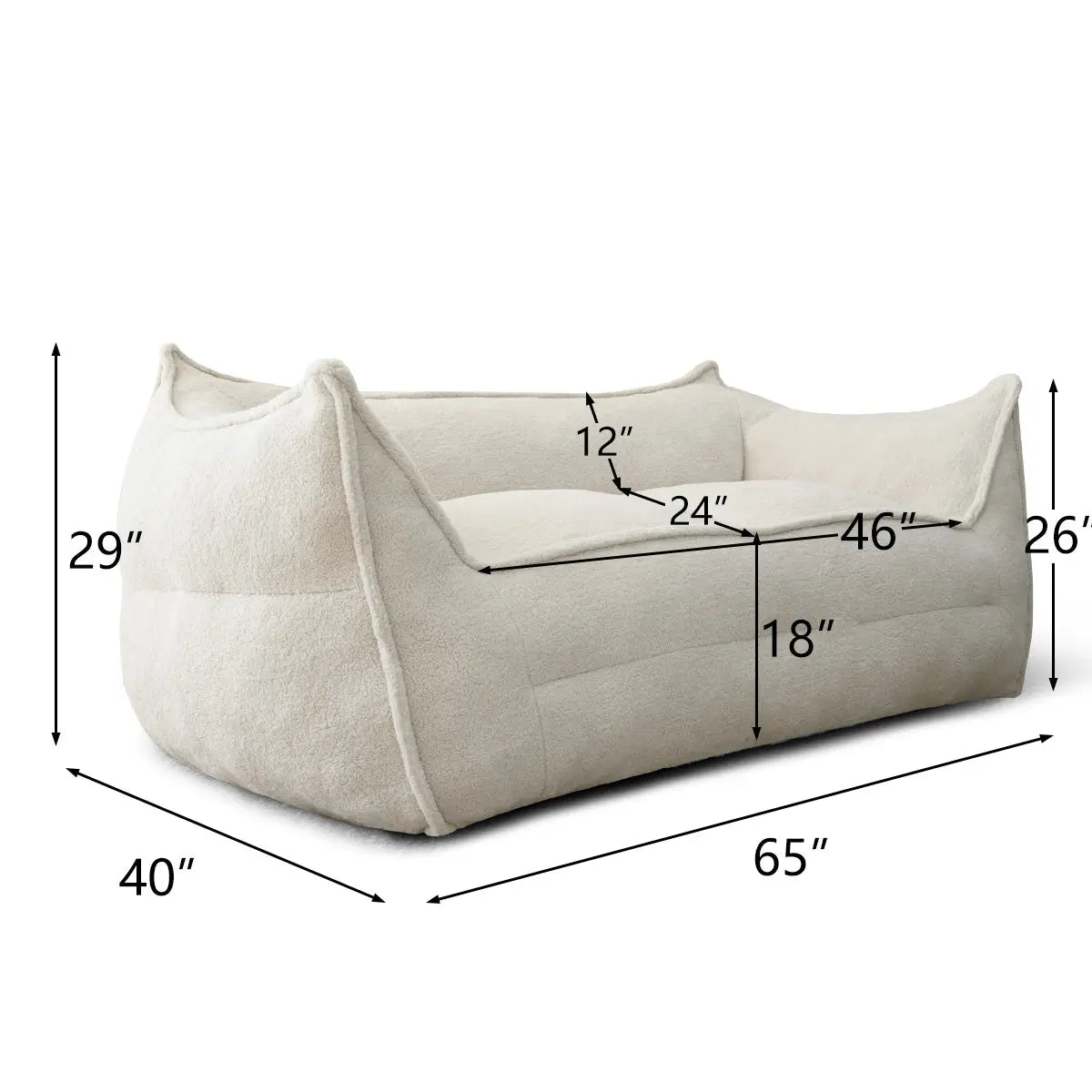 Boring Large Teddy Fabric Bean Bag Loveseat Sofa with dimensions, white color, modern design.