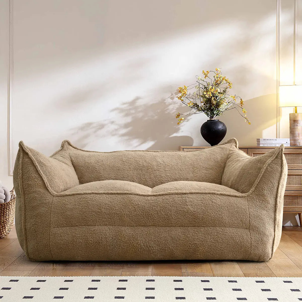 Beige Teddy Fabric Bean Bag Loveseat by Boring, wood floor, beige wall, minimalist decor style.