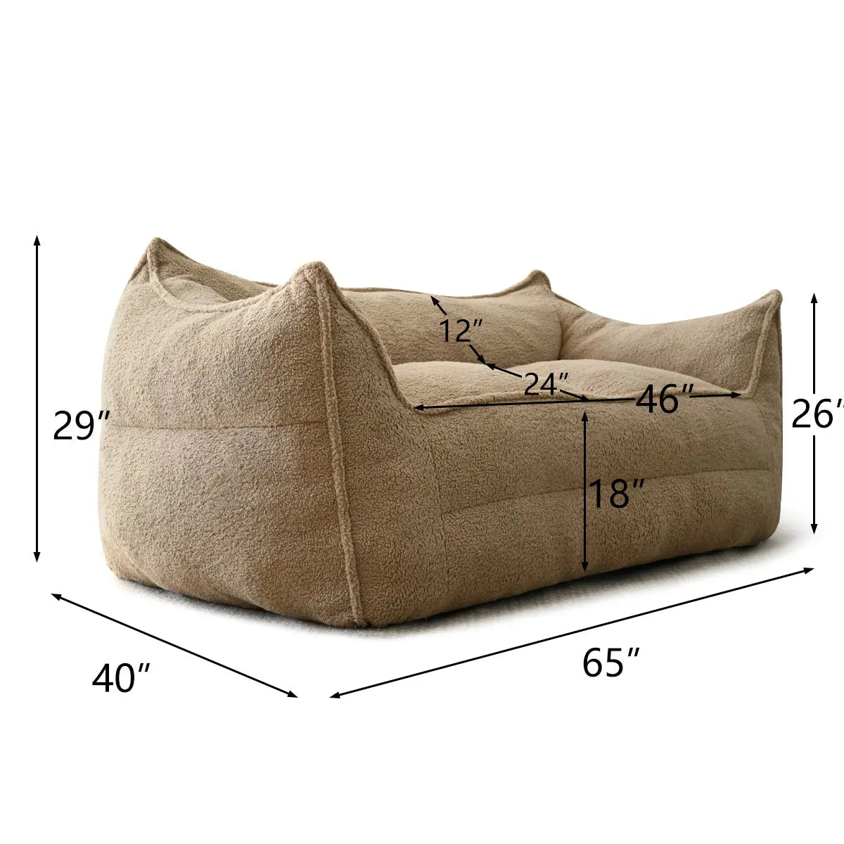 Boring Large Teddy Fabric Bean Bag Loveseat Sofa, beige color, dimensions included.