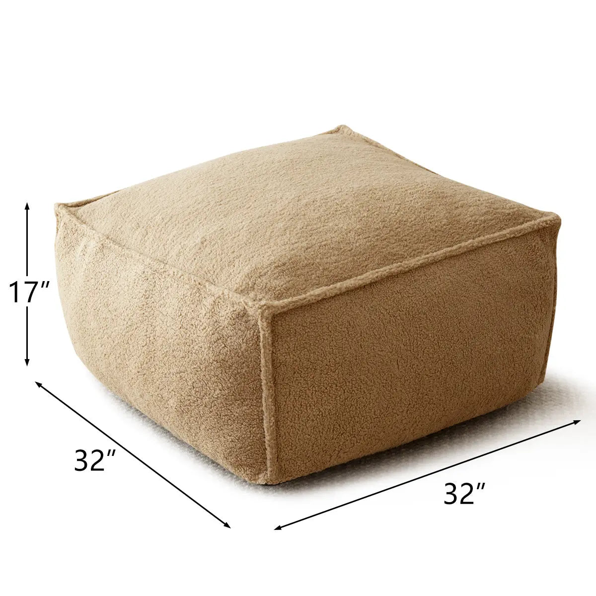 Boring Teddy Fabric Square Bean Bag Ottoman, dimensions: 32x32x17 inches, beige fabric.