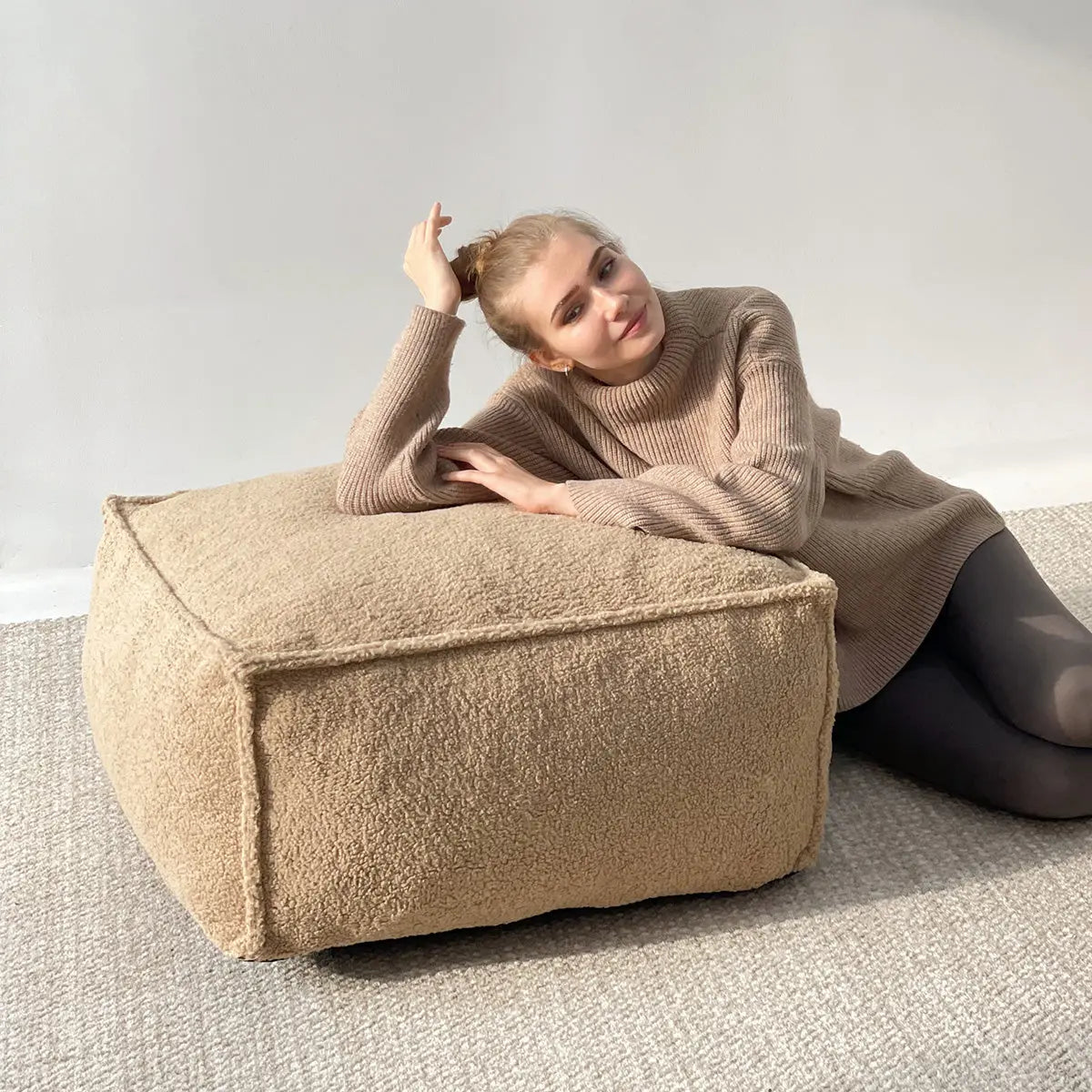 Boring Teddy Fabric Bean Bag Chair in neutral room, beige carpet, contemporary casual setting.