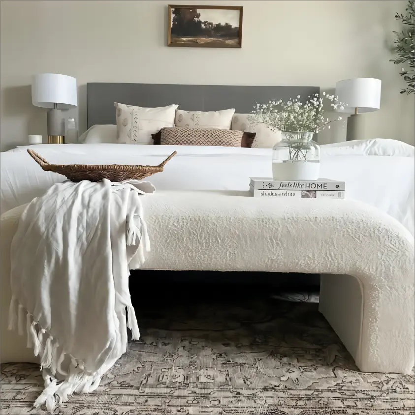 Lily Velvet Waterfall Bench, modern accent furniture in elegant bedroom with neutral decor and rug.