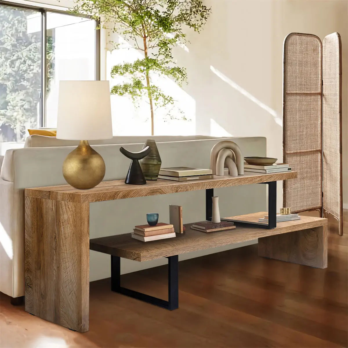 Multifunctional Extendable & Rotating 107" Sofa Console Table, light wood, living room, oak flooring.