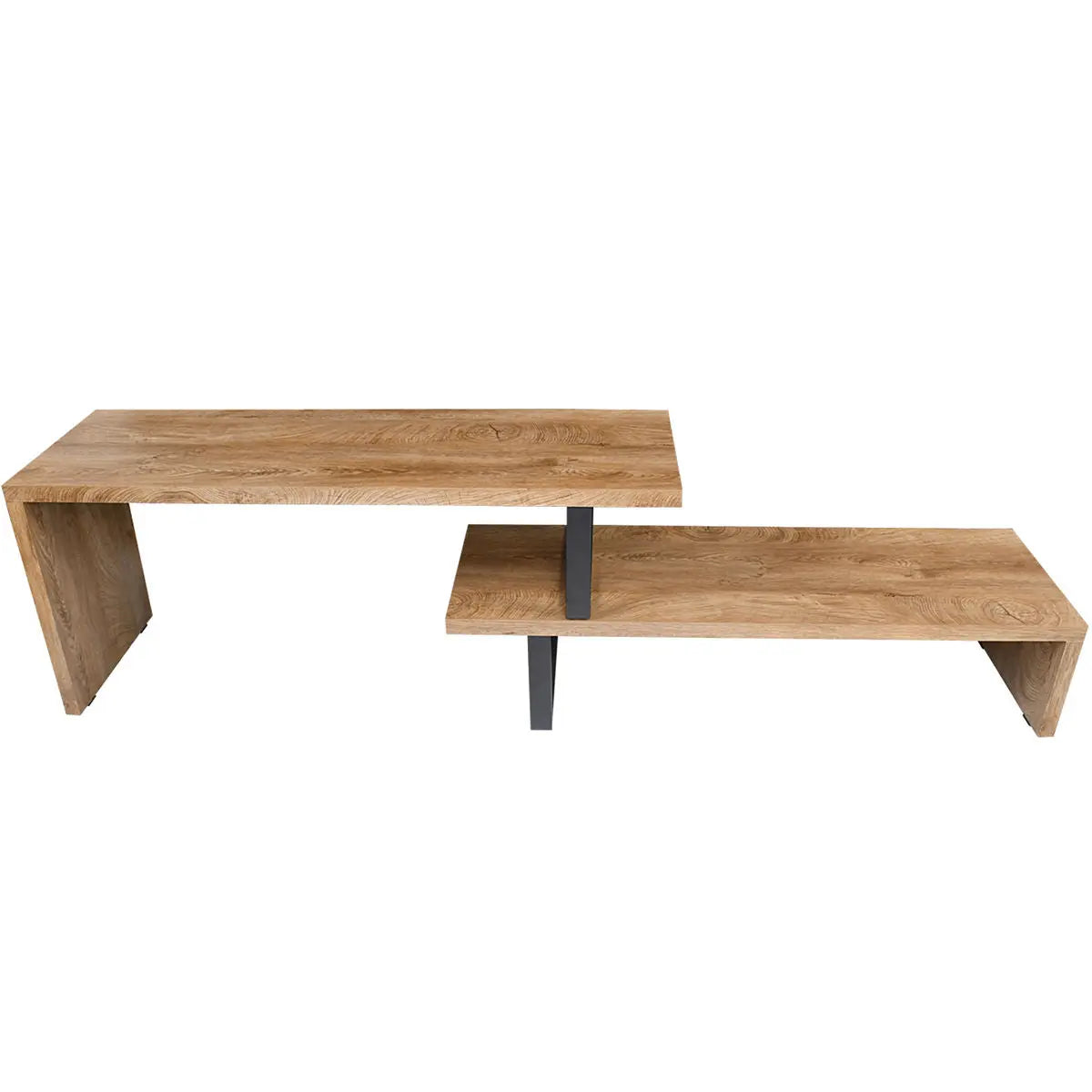 Multifunctional Extendable & Rotating Sofa Console Table in light wood, adjustable height, minimalistic design.