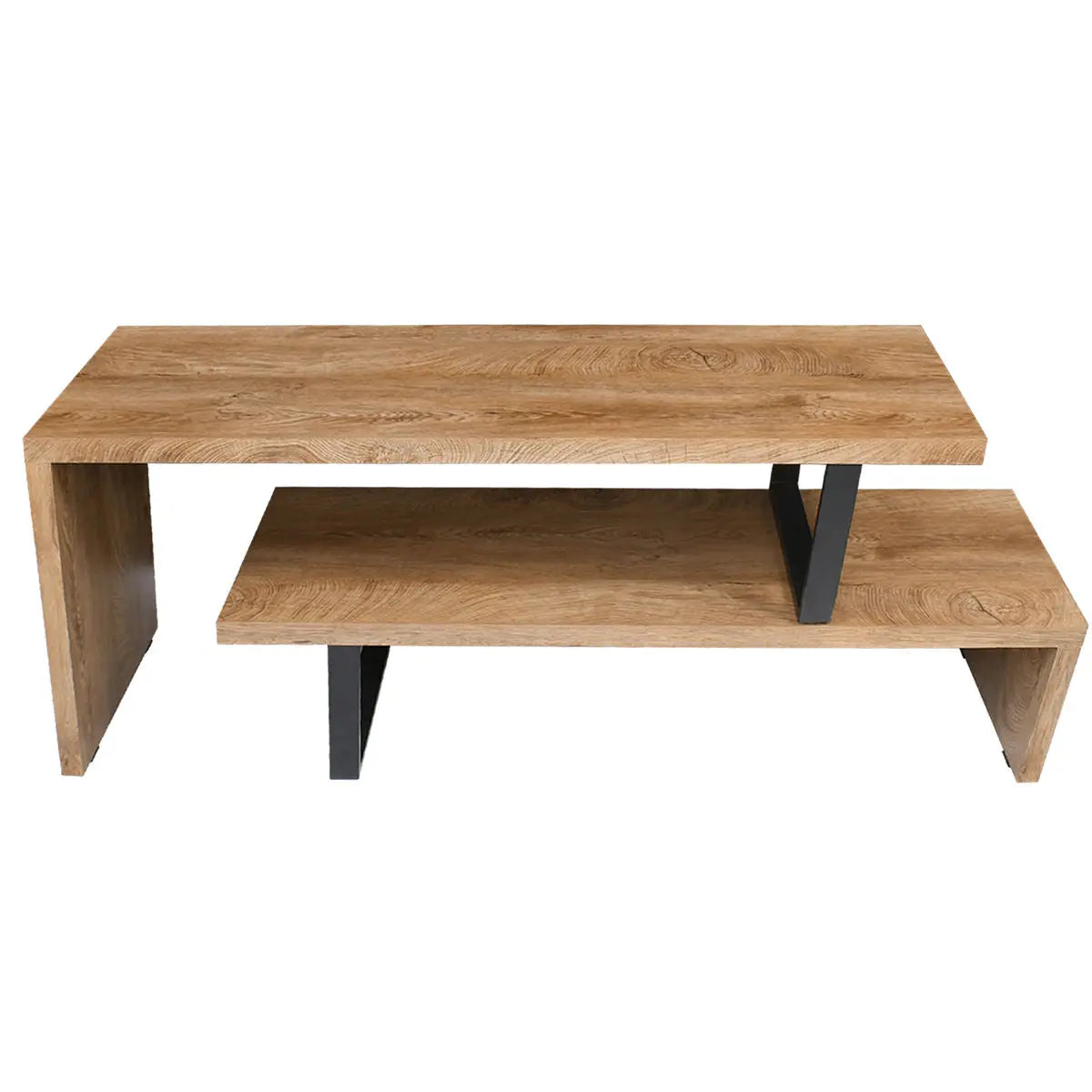 Multifunctional Extendable Rotating Sofa Console Table with wood finish and black accents, modern design.