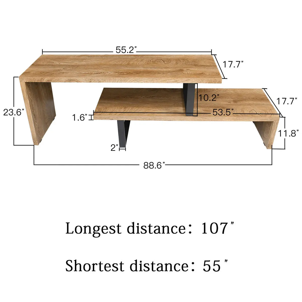 Multifunctional Extendable & Rotating Sofa Console Table with dimensions, natural wood finish.