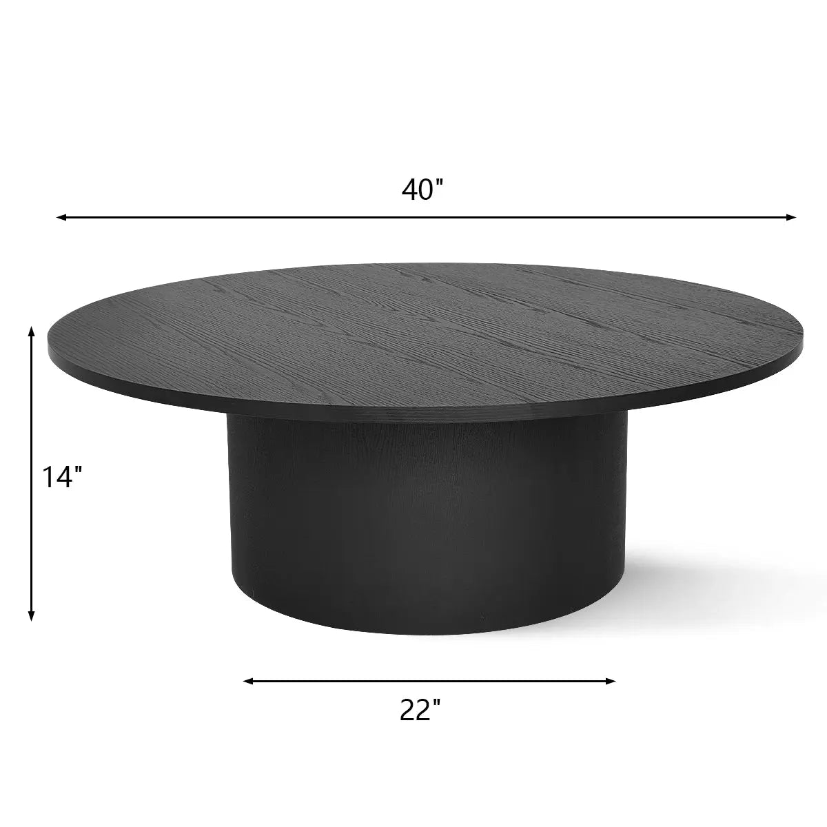 Dwen Modern Round Pedestal Coffee Table with 40" diameter and 14" height, minimalist black design.