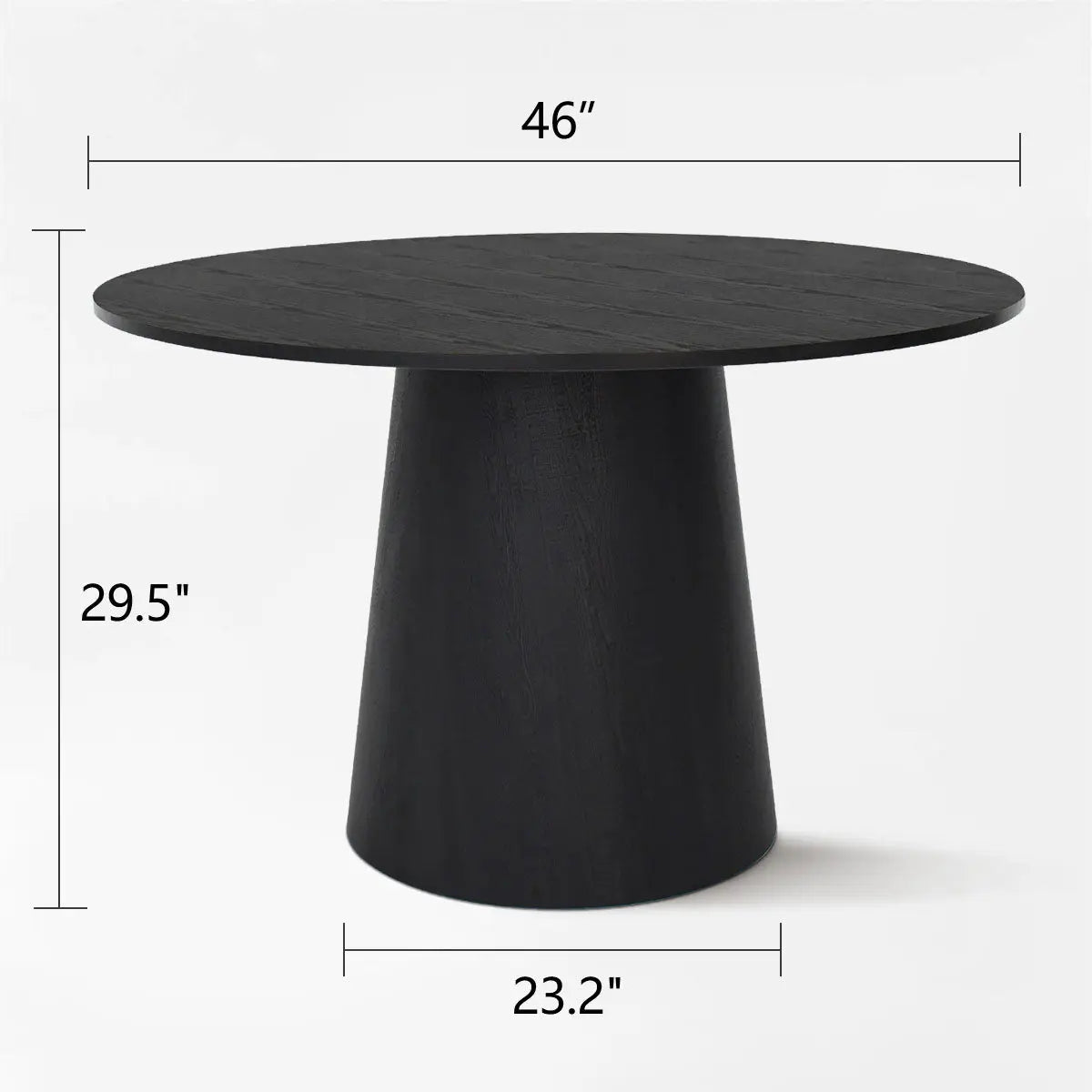 Dwen Pedestal Dining Table with dimensions, modern round design, black finish, stylish furniture piece.