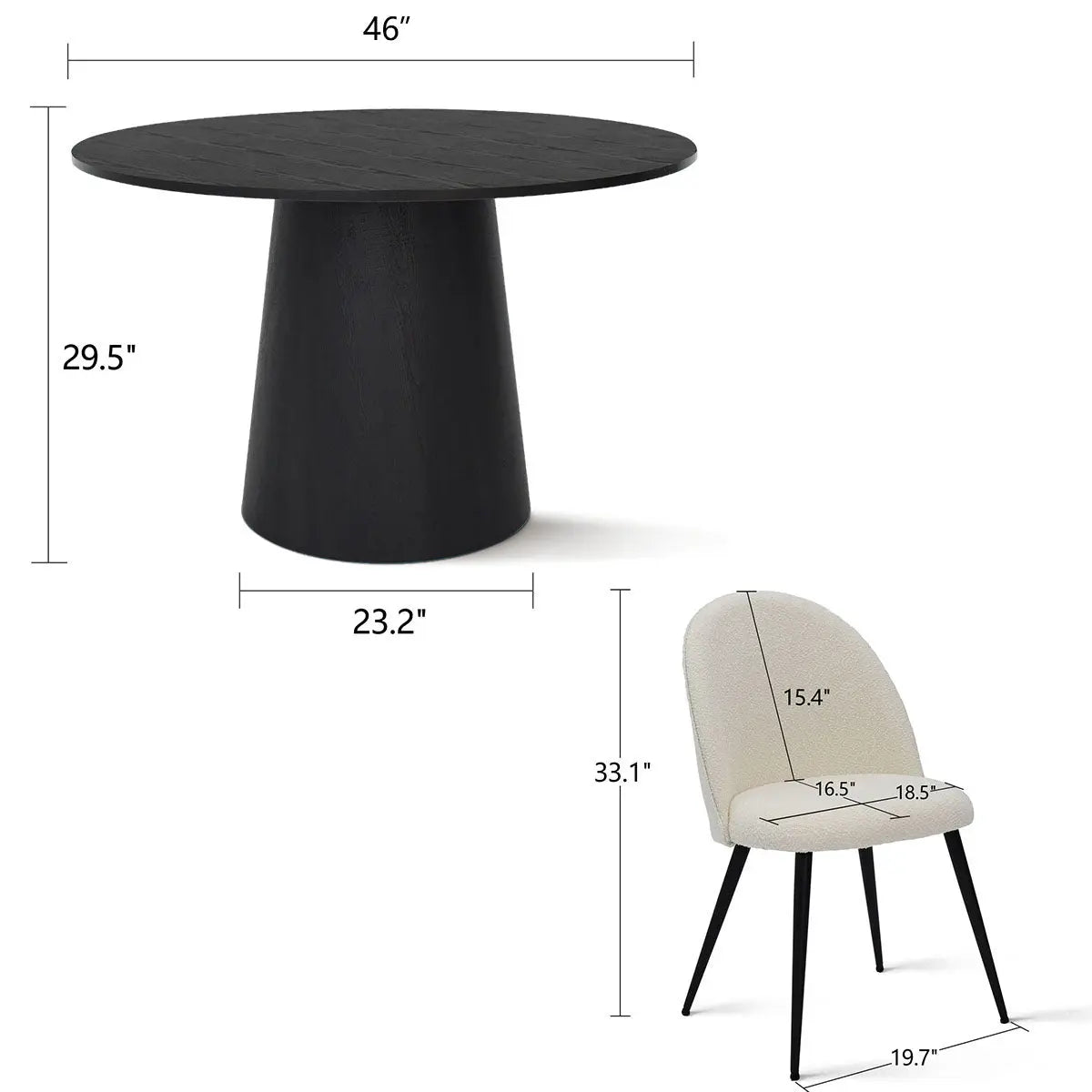 Dwen & Rhon modern round pedestal dining table set with chair dimensions, contemporary design.