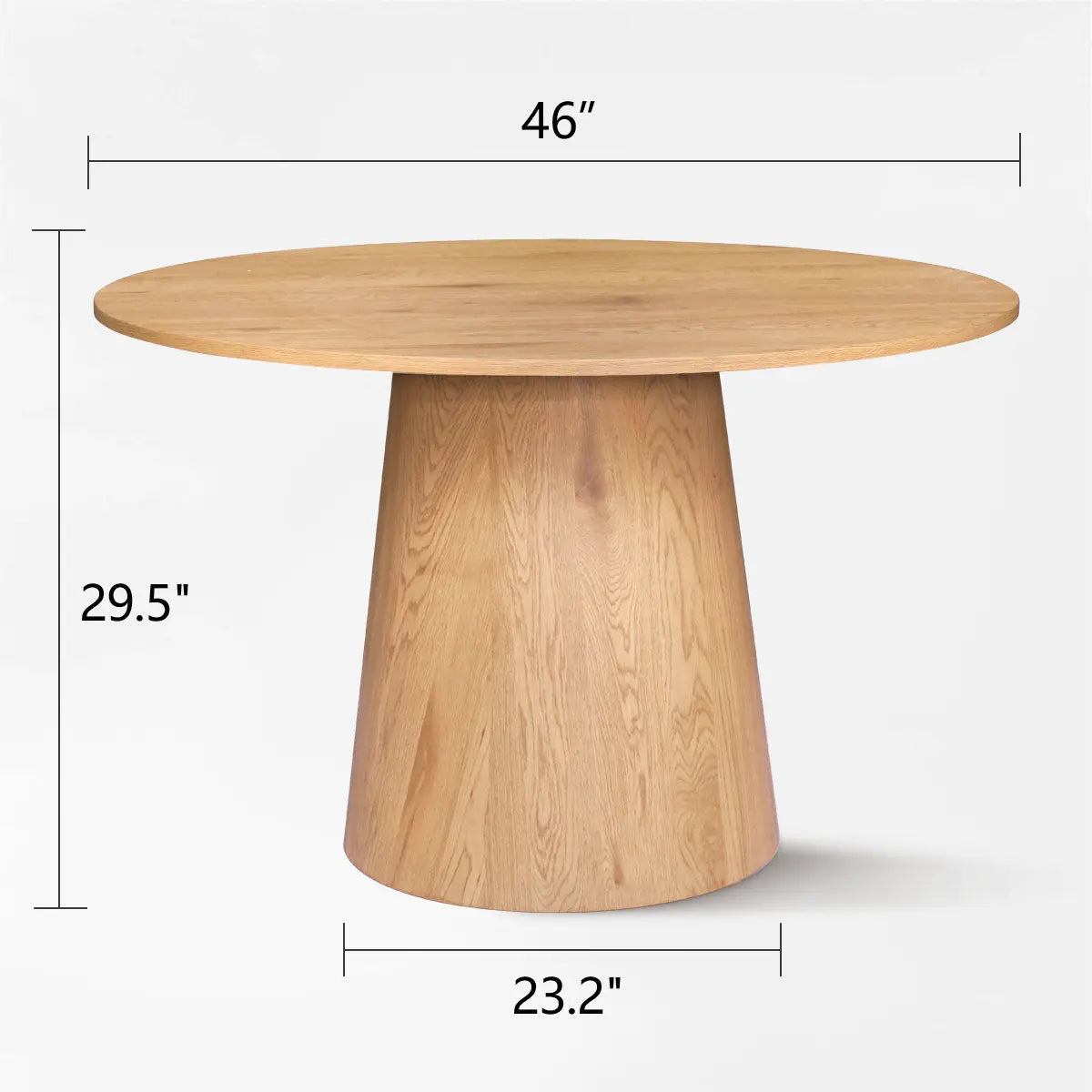 Dwen Modern Round Pedestal Dining Table with dimensions shown, oak wood finish, contemporary design.