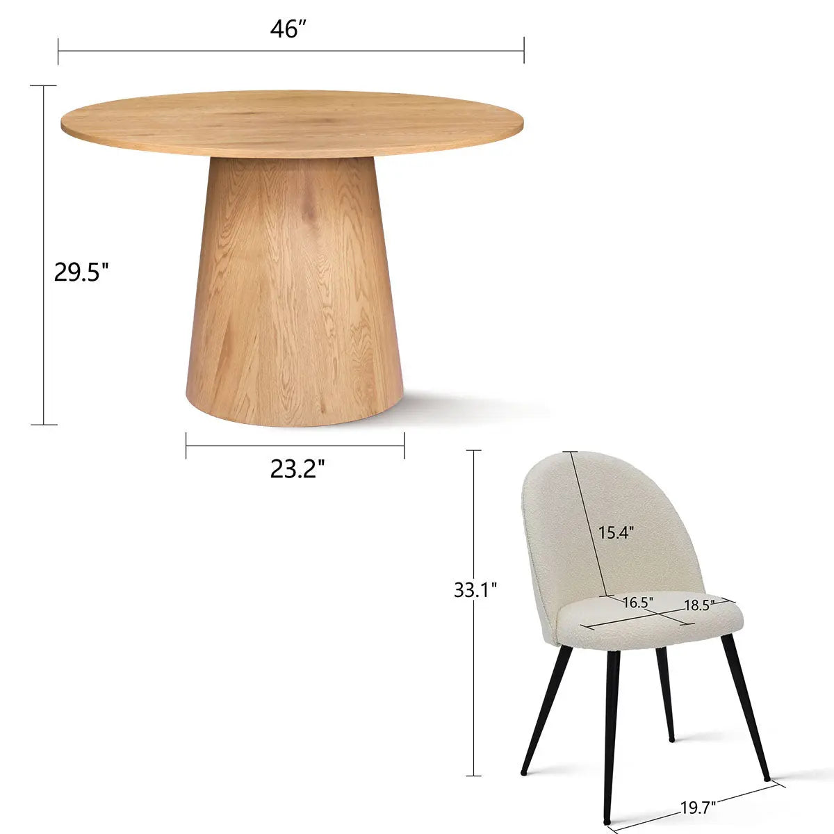 Dwen & Rhon Modern Round Pedestal Dining Table Set, dimensions highlighted, light wood finish, cream chair.