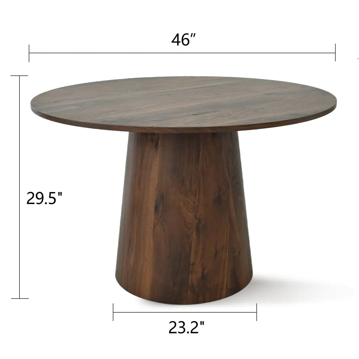 Dwen Modern Round Pedestal Dining Table dimensions: 46" wide, 29.5" tall, 23.2" base diameter.