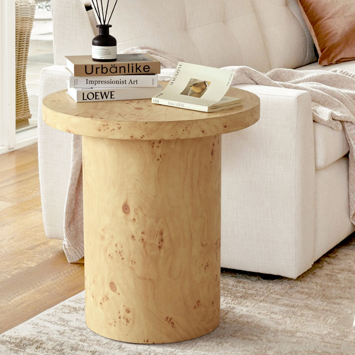 Dune 23.5" Burl Wood Round Pedestal Side Table