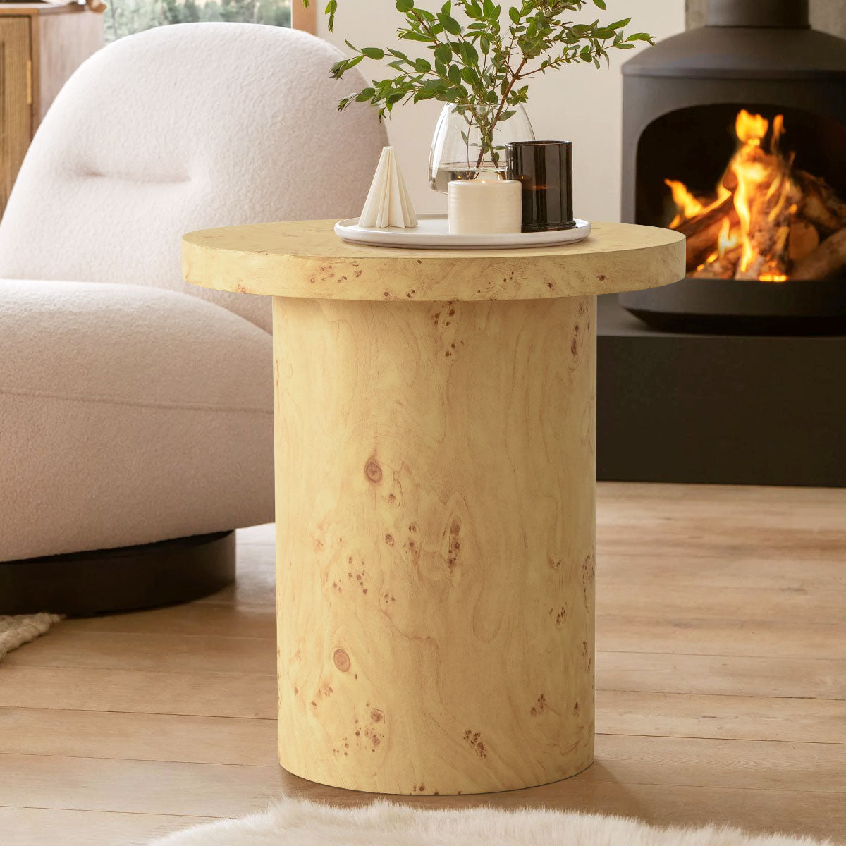 Dune 23.5" Burl Wood Round Pedestal Side Table