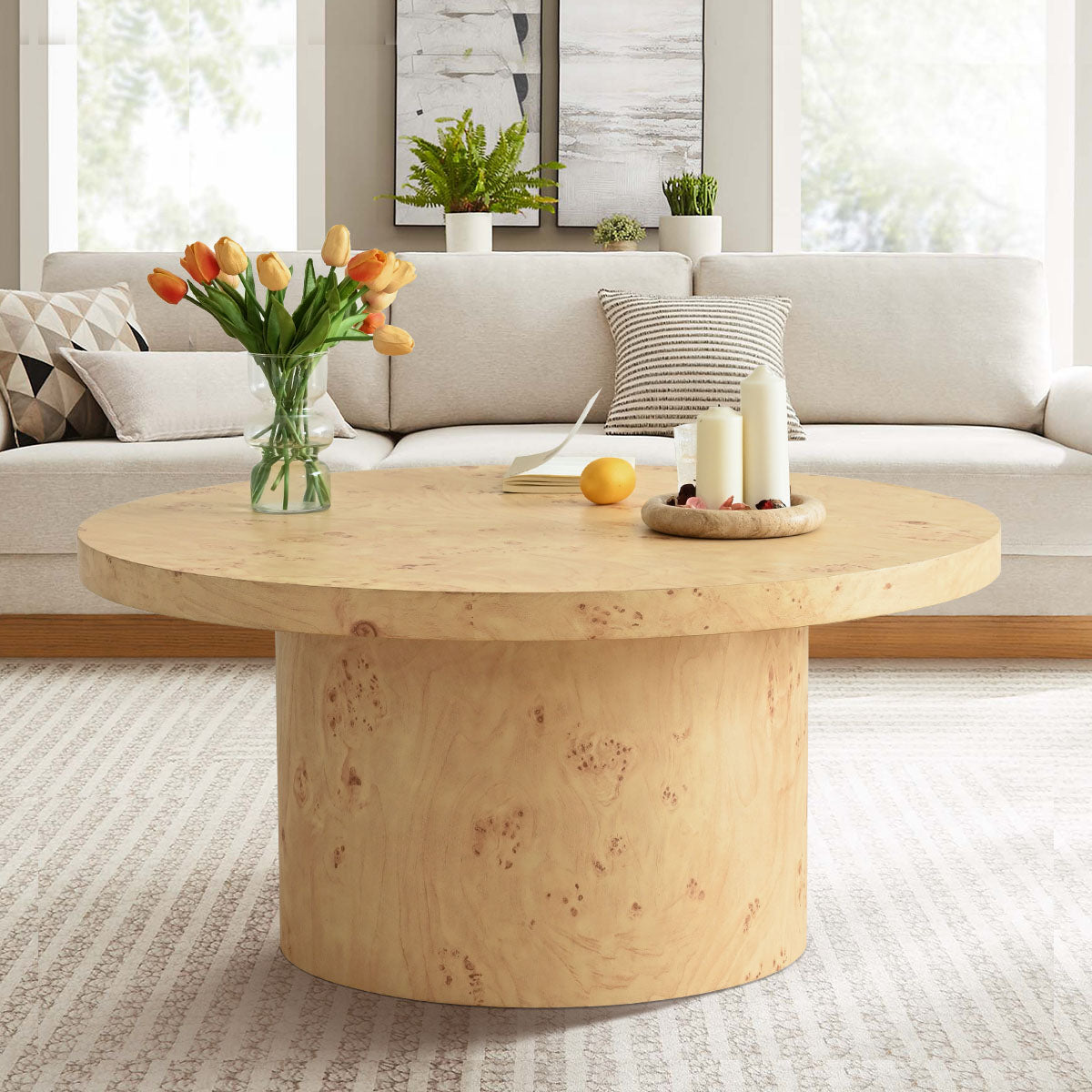 Dune 40" Burl Wood Round Pedestal Coffee Table