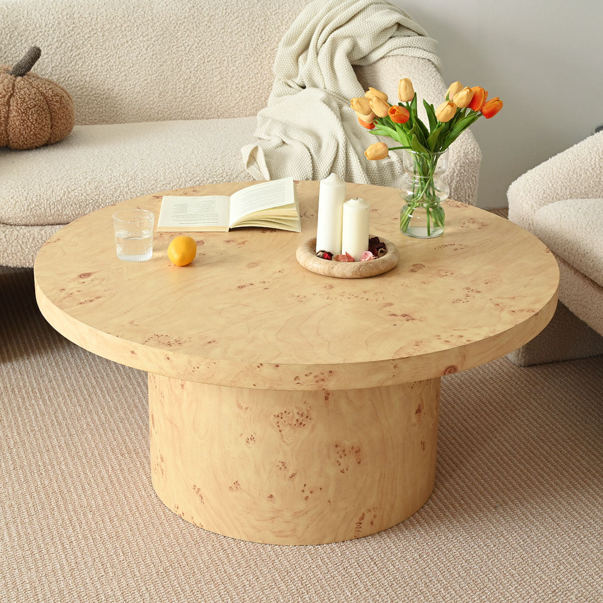 Dune 40" Burl Wood Round Pedestal Coffee Table