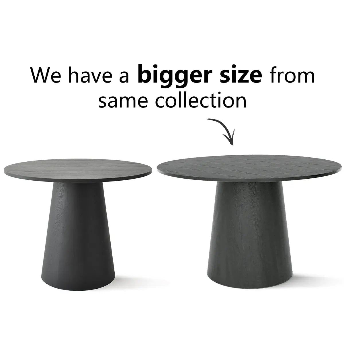 Two sizes of Dwen Modern Round Pedestal Dining Table, dark finish, minimalist design.