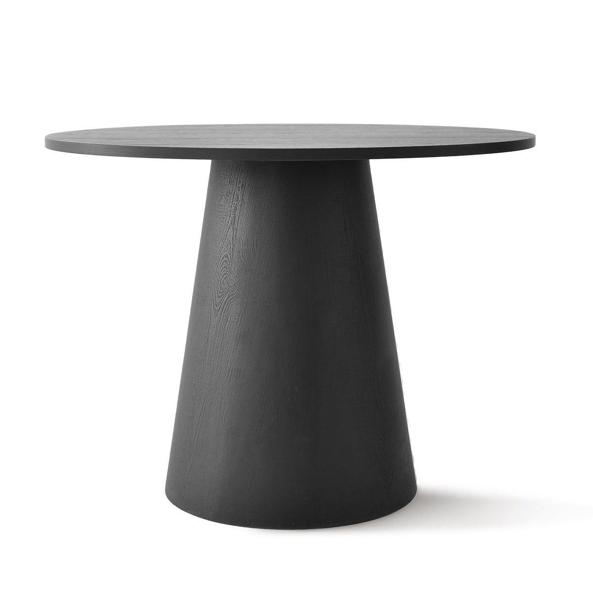 Dwen brand modern round pedestal console table, black finish with no background details.