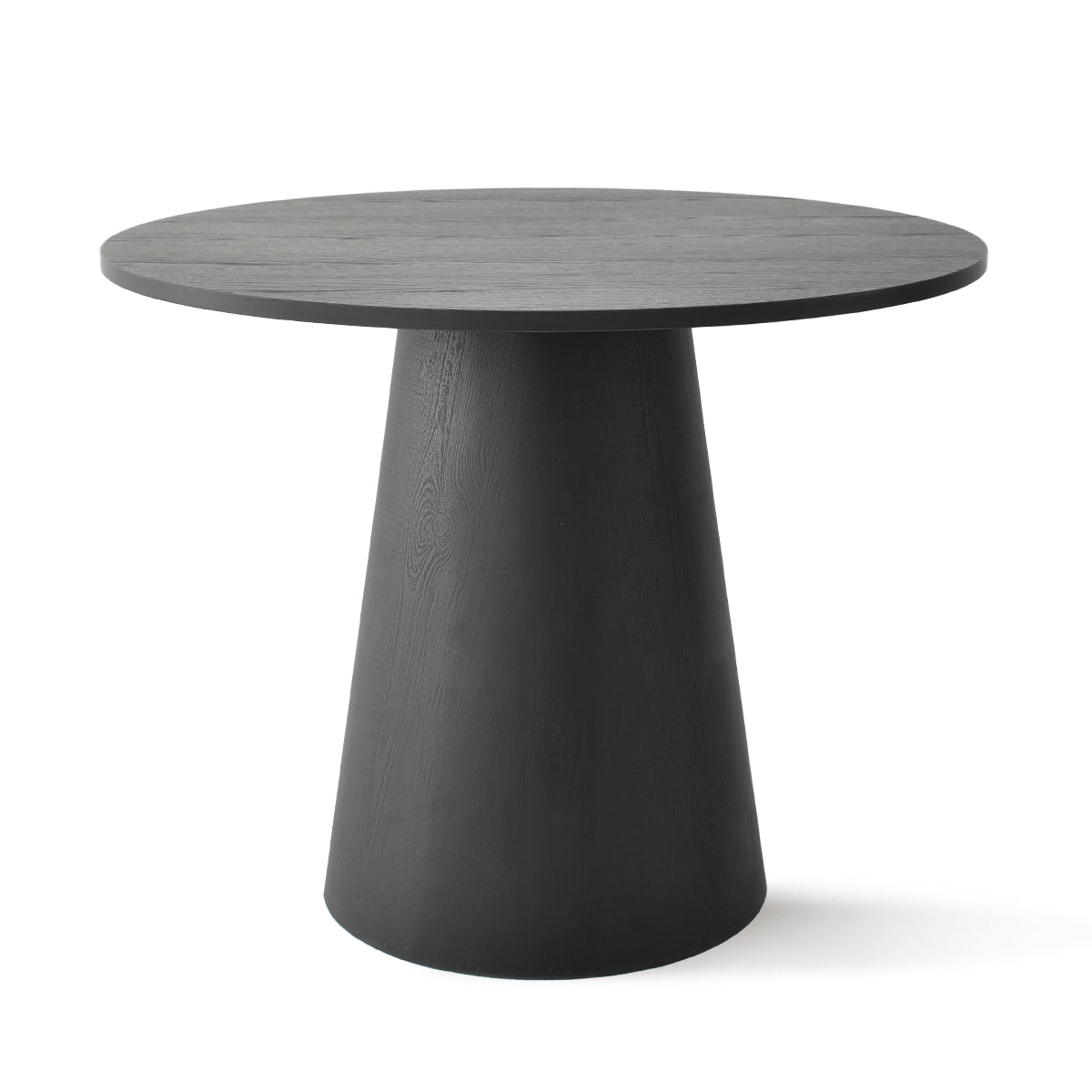 Minimalist pedestal dining table, round design by Dwen, modern furniture, dark finish.