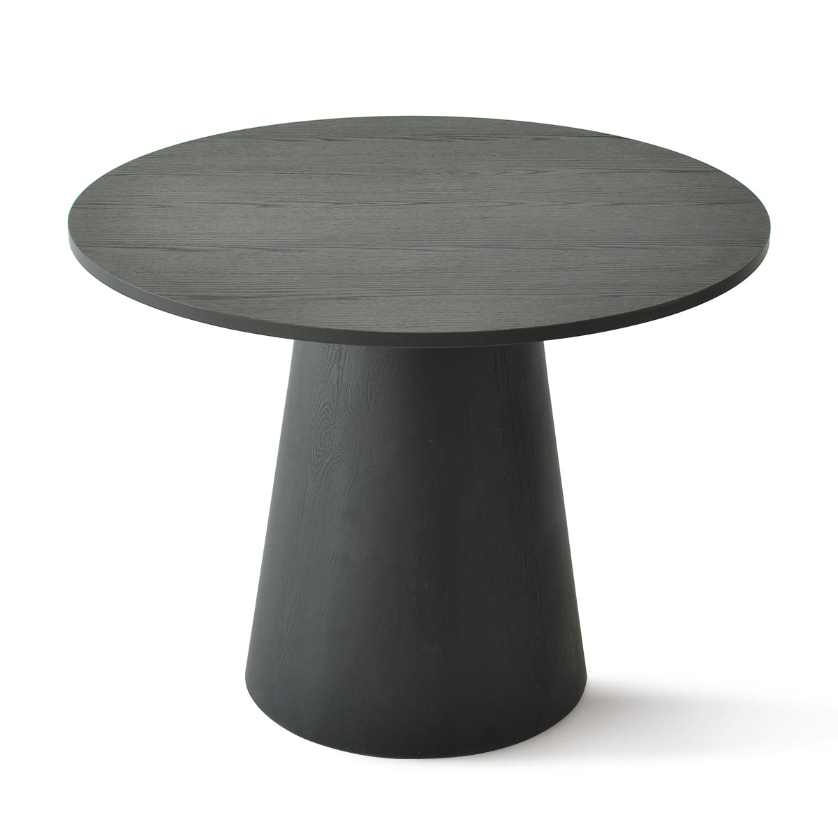 Dwen Modern Round Pedestal Dining Table, dark finish, minimalist design, suitable for contemporary dining spaces.