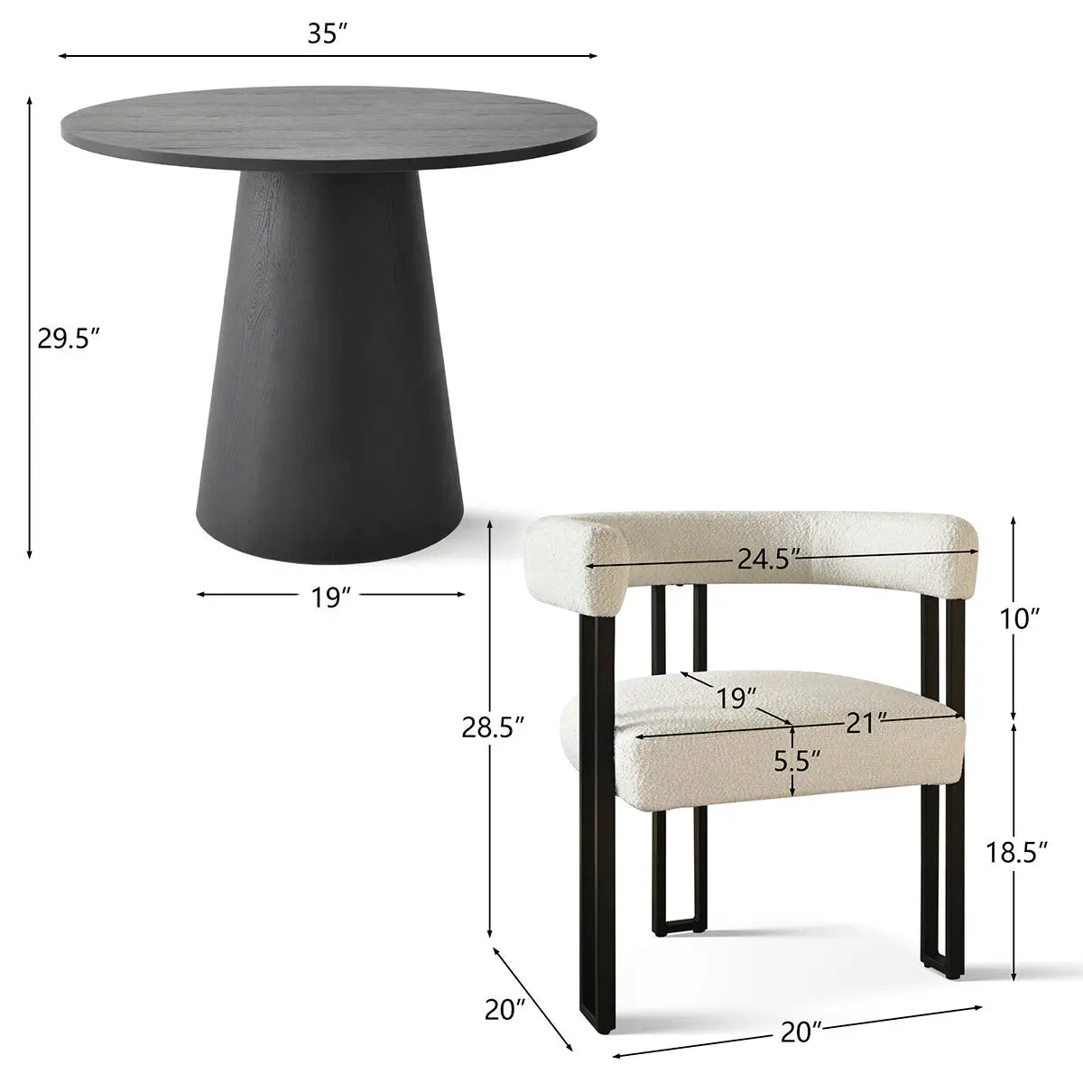 Dwen & Mia dining set: black table, beige chair, dimensions visible, modern design, round style.