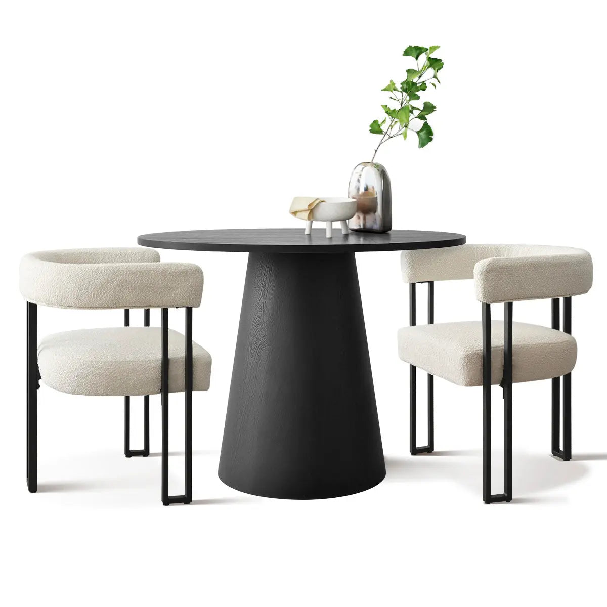 Dwen & Mia Round Dining Table Set with beige chairs, modern design, black table, white background.