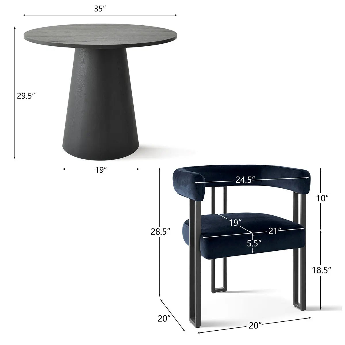 Dwen & Mia round black table and velvet chair set with dimensions, featuring sleek, modern design.