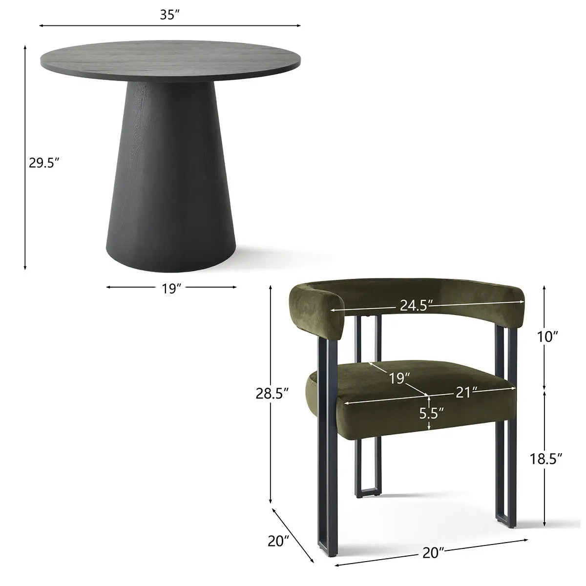 Dwen & Mia Round Black & Velvet Set dimensions, sleek design with black table and velvet chair.