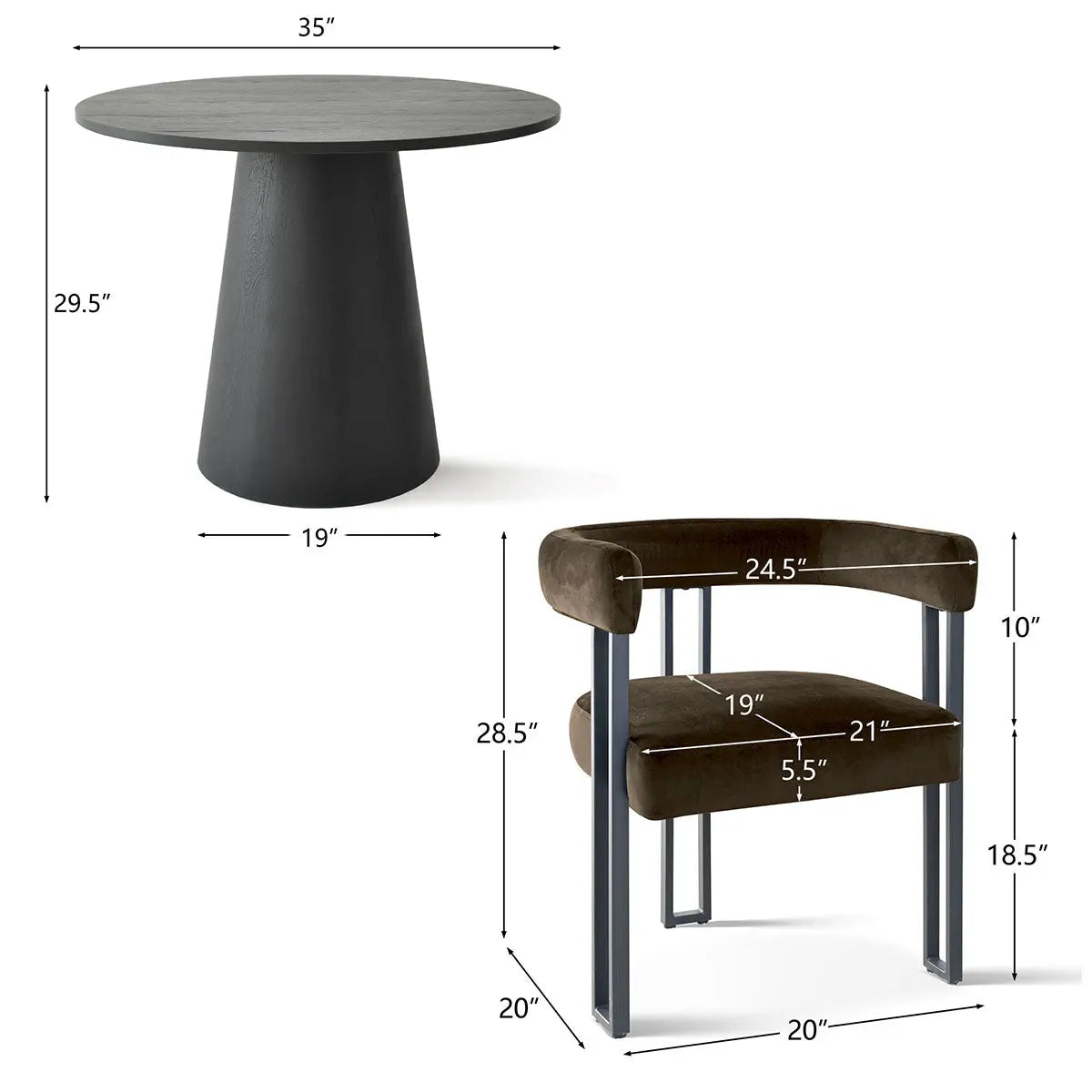 Dwen & Mia round black table and velvet chair dimensions; modern set with sleek design.