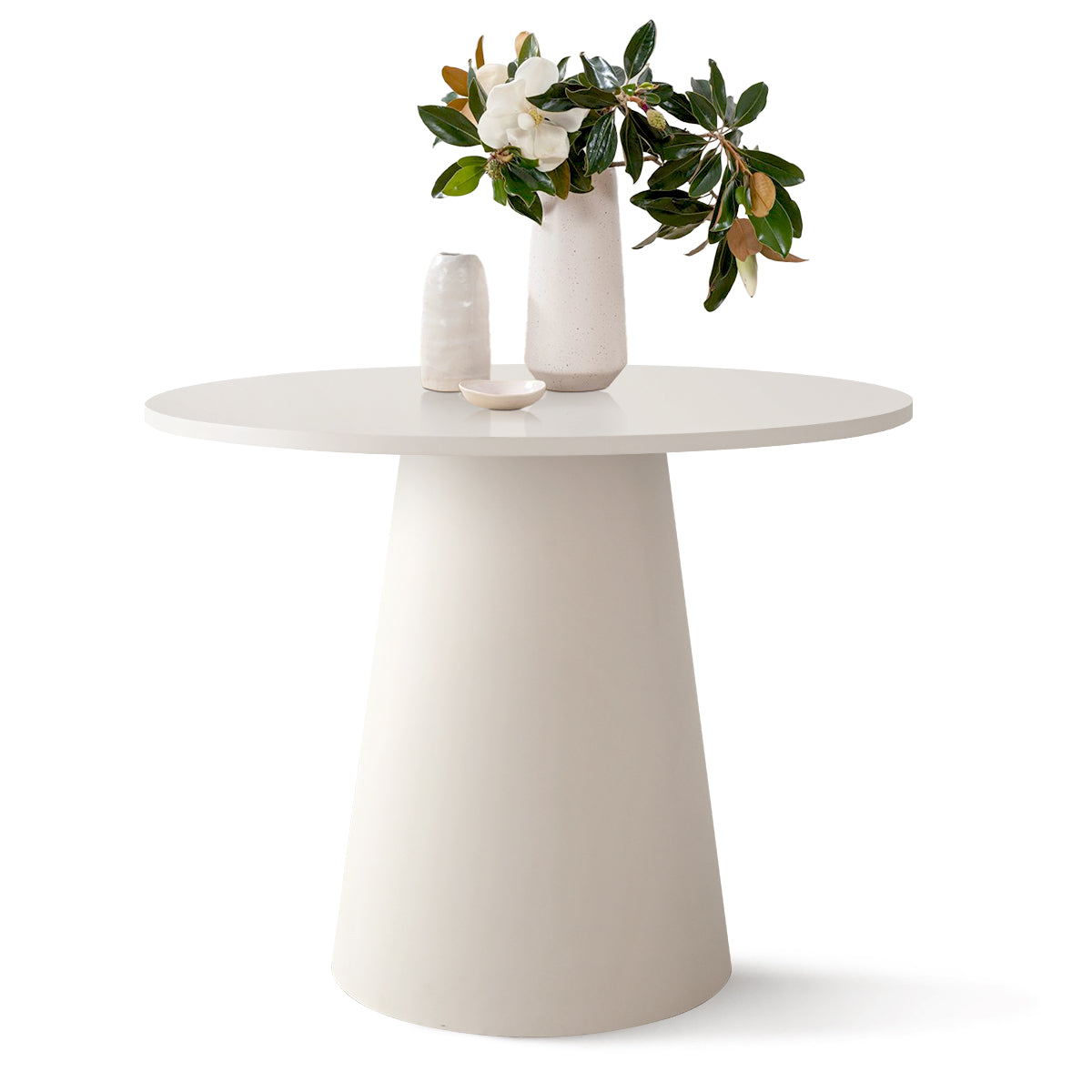 Minimalist Dwen Pedestal Dining Table with vase; modern design, ideal for stylish dining spaces.