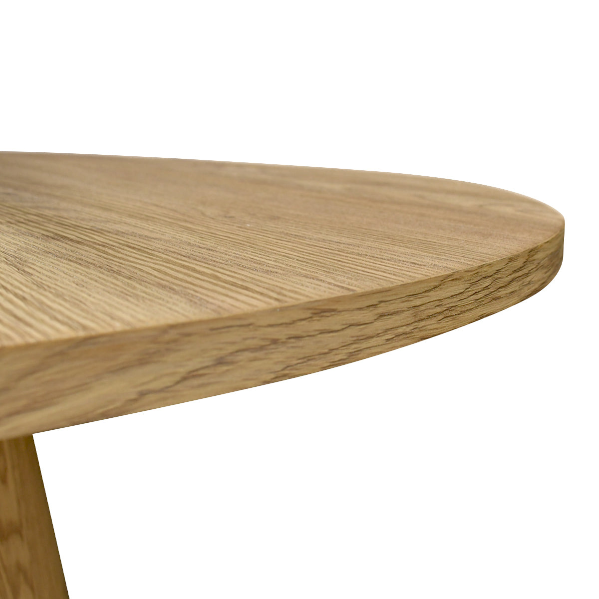 Close-up of Dwen Modern Round Pedestal Dining Table, showcasing wooden texture and edge design.